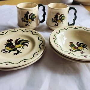 Poppytrail Metlox Rooster 6 piece Set: Cups (2), Saucers (2), Small Plate (2)